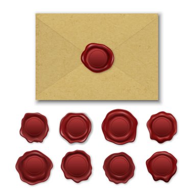 Vector Realistik Brown Craft Zarfı, Vintage Retro Stamp Wax Mühür Seti Beyaz Arkaplan 'da izole edildi. Kırmızı Mühürleme Cilasının ya da Damgaların Tasarım Şablonu, Sertifika Etiketleri, Belge, Harf