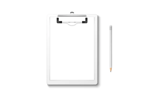 Vector 3d Realistic White Clipboard with Blank Paper, Metal Clip, Wood Pencil Set Closeup Isolated on White Background. Design Template for Notes, Mockup, Checklist, Questionnaire, Reminders — Stock vektor