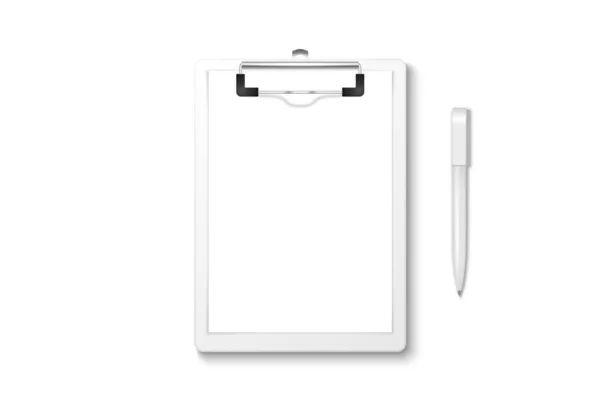 Vector 3d Realistic White Clipboard with Blank Paper, Metal Clip, Automatic Pen Set Closeup Isolated on White Background. Design Template for Notes, Mockup, Checklist, Questionnaire, Reminders — Stock Vector