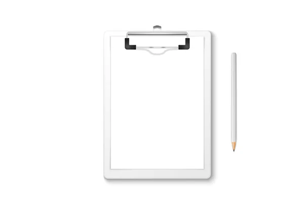 Vector 3d Realista Branco Clipboard com papel em branco, Metal Clip, Madeira Lápis Set Closeup Isolado no fundo branco. Modelo de Design para Notas, Mockup, Lista de Verificação, Questionário, Lembretes — Vetor de Stock