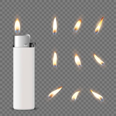 Vektör 3d Gerçekçi Beyaz Boş Sigara Çakmağı Aydınlatma Simgesi Kapalı Şeffaf Arkaplanda Alev Seti ile izole edildi. Reklam, Mockup, Şirket Kimliği için Tasarım Şablonu. Ön Görünüm
