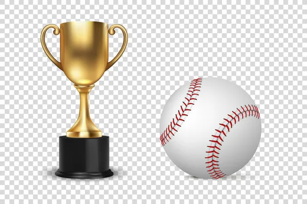 Realista Vector 3D Golden Champion Cup Ícone wirh Baseball Set Isolado em Fundo Transparente. Modelo de Design do Troféu do Campeonato. Prêmio de Torneio Esportivo, Taça Vencedora de Ouro e Conceito de Vitória — Vetor de Stock