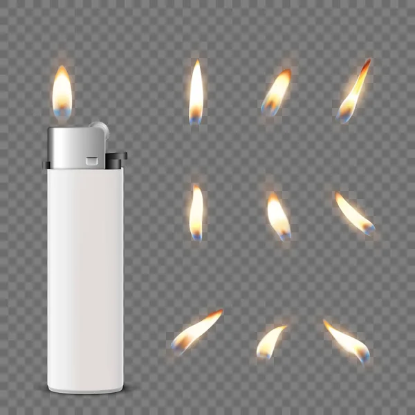 矢量3D现实白色空白香烟照明图标闭塞分离在透明背景与火焰集。 广告设计模板，模拟，企业身份。 前景 — 图库矢量图片