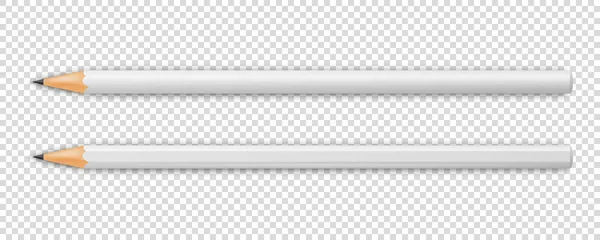 Set di icone in legno bianco temperato realistico vettoriale 3d con matita isolata su sfondo trasparente. Vista dall'alto. Modello di design, Mockup. Ufficio, Cancelleria scolastica, Creatività, Idea, Simbolo di istruzione — Vettoriale Stock