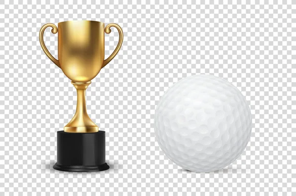 透明背景に隔離されたゴルフボールセットと現実的なベクトル3Dゴールデンチャンピオンカップアイコン。チャンピオンシップトロフィーのデザインテンプレート。スポーツトーナメント賞、金賞カップと勝利のコンセプト — ストックベクタ