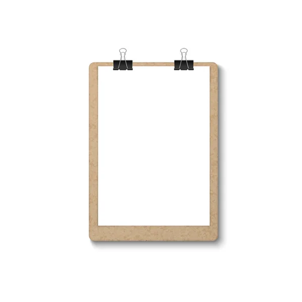 Vector 3d realista Brown Craft Clipboard com papel em branco, Metal Clip Ícone Closeup isolado no fundo branco. Modelo de Design para Notas, Mockup, Lista de Verificação, Questionário, Lembretes — Vetor de Stock