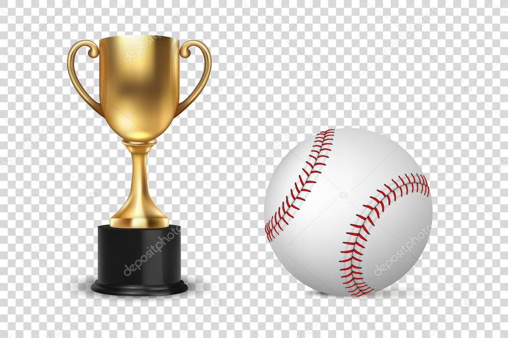 Realistic Vector 3d Golden Champion Cup Icon wirh Baseball Set Isolated on Transparent Background. Design Template of Championship Trophy. Sport Tournament Award, Gold Winner Cup and Victory Concept.
