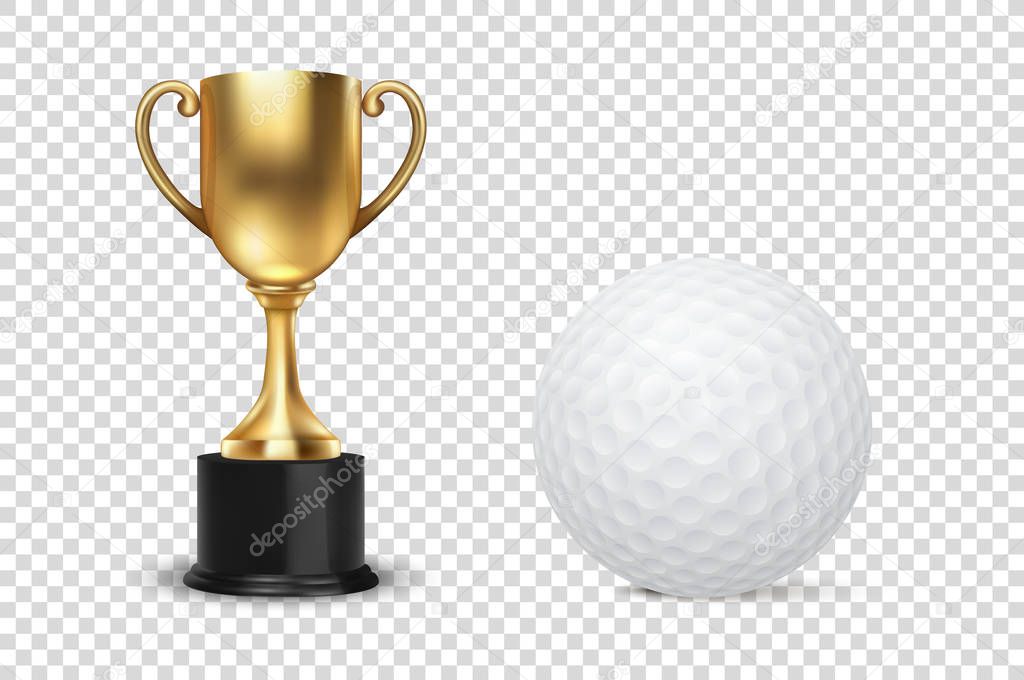 Realistic Vector 3d Golden Champion Cup Icon with Golf Ball Set Isolated on Transparent Background. Design Template of Championship Trophy. Sport Tournament Award, Gold Winner Cup and Victory Concept.