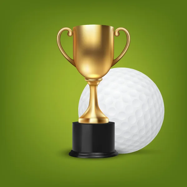 Realistic Vector 3d Blank Golden Champion Cup Icon wirh Golf Ball Set Closeup on Green Background. Design Template of Championship Trophy. Sport Tournament Award, Gold Winner Cup and Victory Concept — Stock Vector