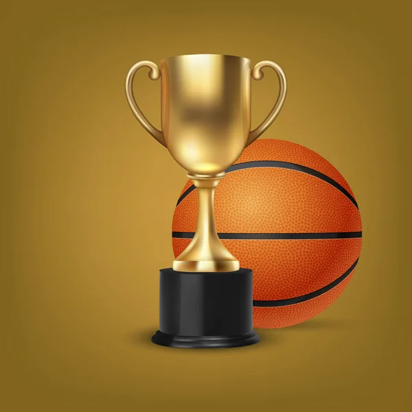 Realistic Vector 3d Blank Golden Champion Cup Ícone wirh Basketball Set no fundo laranja. Modelo de Design do Troféu do Campeonato. Prêmio de Torneio Esportivo, Taça Vencedora de Ouro e Conceito de Vitória —  Vetores de Stock