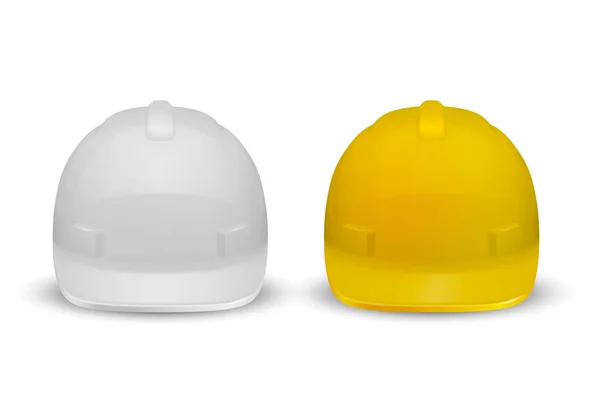 Vector 3d Realistic White and Yellow Plastic Safety Helmet Icon Set Closeup Isolated on White Background. Head Protect, Construction, Repair. Design Template, Mockup. Stock Illustration — Stock Vector