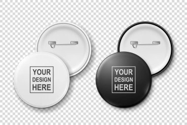 Vektör 3d Gerçekçi Metal ya da Plastik Beyaz, Siyah Boş Düğme Kapatma Rozeti Şeffaf Arkaplanda izole edildi. Üst, Arka Taraf Görünümü. Damgalama Kimliği Şablonu, Grafik Sunumları. Model