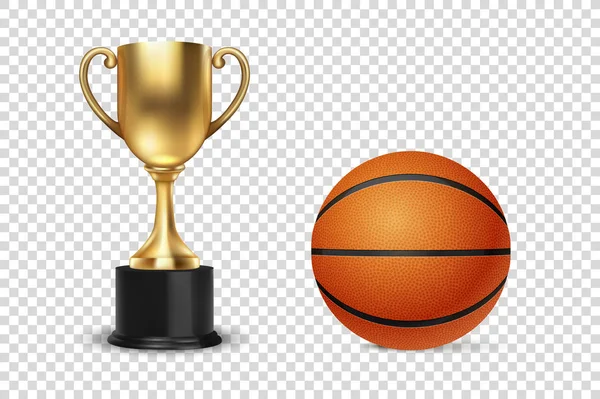 Realistische Vector 3d Golden Champion Cup Pictogram met Basketbalset Geïsoleerd op Transparante Achtergrond. Ontwerp Template van Championship Trophy. Sporttoernooiprijs, Gold Winner Cup en Victory Concept — Stockvector