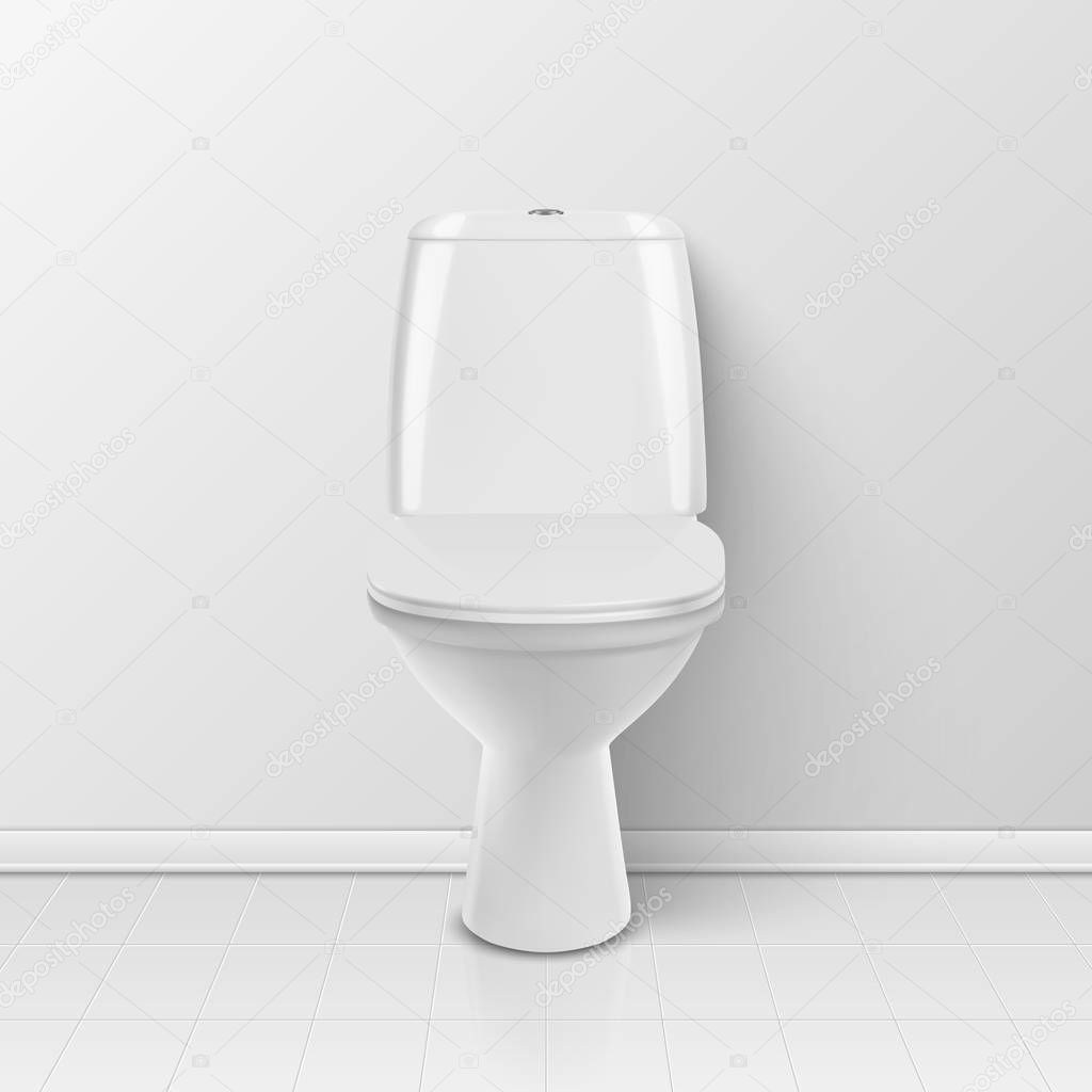 Vector 3d Realistic White Closed Ceramic Toilet in the Bathroom, Toilet Room. Toilet Bowl withLid, Plumbing, Mockup, Design Template for Interior. Front View. Stock Illustration