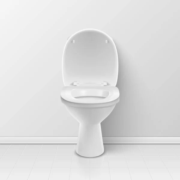 Vector 3d Realistic White Opened Ceramic Toilet in the Bathroom, Toilet Room. Toilet Bowl with Lid, Plumbing, Mockup, Design Template for Interior. Front View. Stock Illustration — 스톡 벡터
