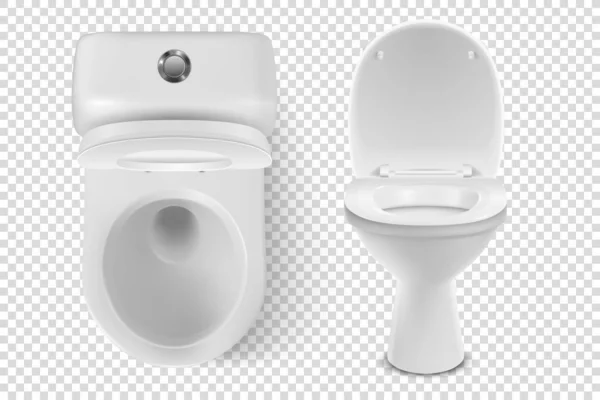 Vector 3d Realistic Opened White Ceramic Toilet Icon Set Closeup Isolated on Transparent Background. Toilet Bowl with Lid. Plumbing, Mockup, Design Template for Interior. Top and Front View — 스톡 벡터