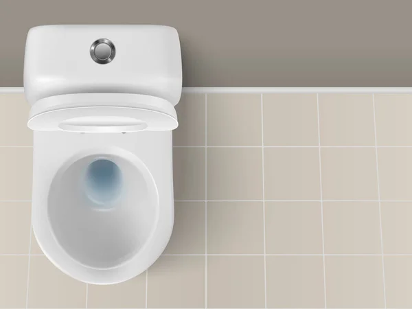 バスルーム、トイレルームでベクトル3Dリアルなホワイトセラミックトイレの閉鎖。蓋付きのトイレボウルを開きました。配管,モックアップ,インテリアのためのデザインテンプレート,クリーニング,衛生コンセプト.トップ表示 — ストックベクタ
