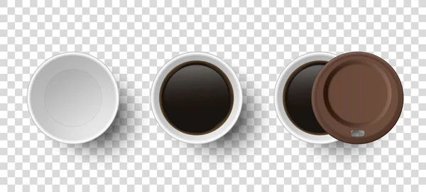 Vektor 3D realistische Einweg-geöffnetes Papier, Kunststoff-Kaffee, Teetasse für Getränke mit braunem Kunststoffdeckel-Symbol-Set Nahaufnahme isoliert auf transparentem Hintergrund. Design-Vorlage, Attrappe. Ansicht von oben — Stockvektor