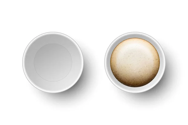Vecteur 3d réaliste jetable ouvert papier, café en plastique, tasse à thé pour boissons Icône Set Closeup isolé sur fond blanc. Modèle de conception, Maquette. Vue du dessus — Image vectorielle