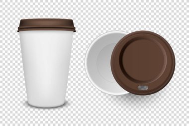 Vektör 3d Gerçekçi Harcanabilir Kağıt Açıldı ve Kapandı, Plastik Kahve, Kahverengi Plastik Led Simgesi Kapalı Çay Fincanı Şeffaf Arkaplanda İzole Edildi. Tasarım Şablonu, Mockup. Üst Görünüm