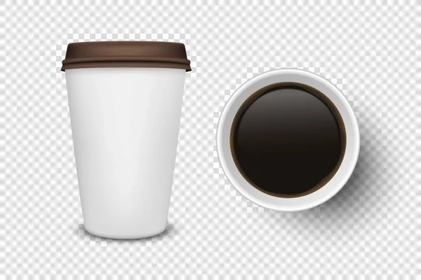 Vektorový 3D realistický jednorázové otevřený papír, plastový šálek kávy na nápoje s hnědým víčkem Ikona Set Closeup Izolované na průhledném pozadí. Šablona designu, Mockup. Pohled shora a zepředu — Stockový vektor