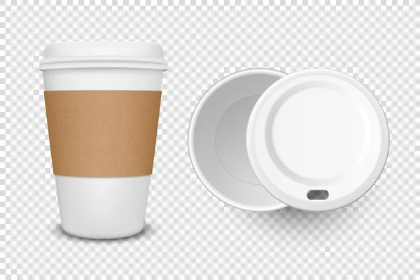 Vector 3d Realistic Disposable Opened and Closed Paper, Plastic Coffee, Tea Cup for Drinks with White Plastic Lid Icon Set Closeup Isolated on Transparent Background. Design Template, Mockup. Top View — Stock Vector