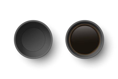 Vektör 3d Siyah Harcanabilir Kağıt, Plastik Kahve, İçkiler İçin Çay fincanı Beyaz Arkaplan 'da izole edilmiş. Tasarım Şablonu, Mockup. Üst Görünüm