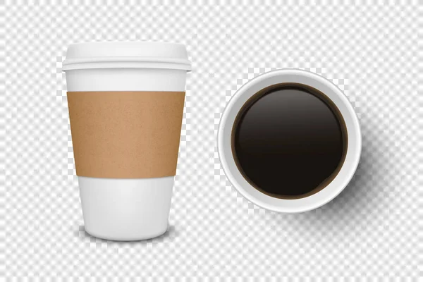Vector 3d Realisztikus eldobható nyitott papír, műanyag kávé kupa italok ikon készlet Szekrény izolált átlátható háttér. Tervezz sablont, Mockup. Top és Front View — Stock Vector