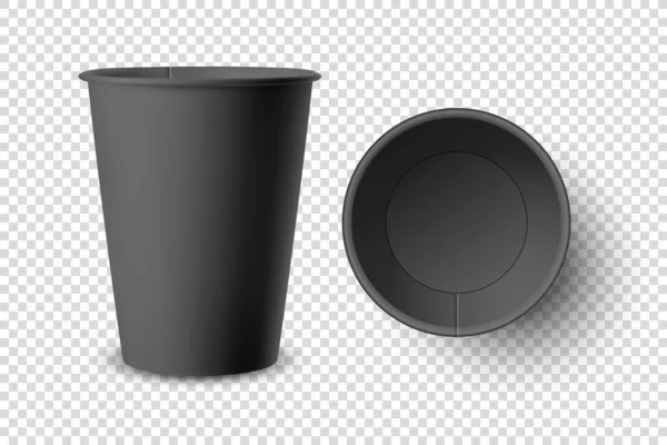 Вектор 3d Реалистичный черный одноразовый Открытая пустая бумага, пластиковый кофе, чашка чая для напитков Icon Set Крупный план изолирован на прозрачном фоне. Шаблон дизайна, макет. Вид сверху и спереди — стоковый вектор