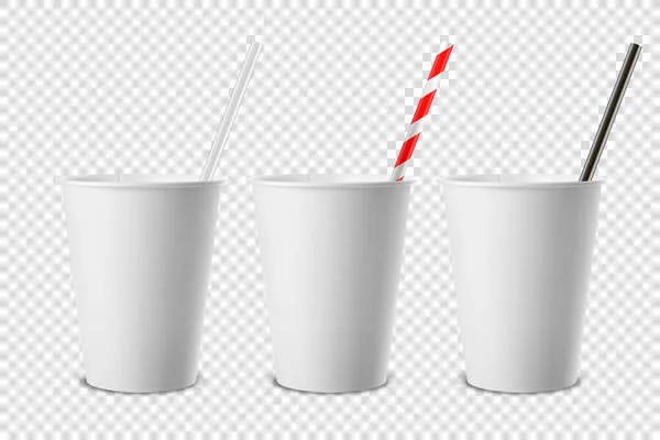 Vector 3d Realist White Disposable Opened Blank Paper, Plastic Coffee, Tea Cup for Drinks with Straw Icon Set Closeup Isolated on Transparent Background Дизайн шаблон, Mockup. Верхній і передній вид — стоковий вектор