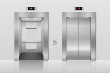 Vektör 3d Boş Boş Boş Açık ve Kapalı Çelik, Krom, Gümüş Metal Ofis Asansör Kapıları Düğmeleri Kapalı Kapalı. Döşeme iç modeli. İş kavramı. Ön görünüm