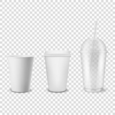 Vektör 3d Gerçekçi Harcanabilir Kağıt Açıldı ve Kapandı, Plastik Kahve, Plastik Led Simgesi ile İçecekler İçin Çay Fincanı Şeffaf Arkaplanda İzole Edildi. Tasarım Şablonu, Mockup. Ön Görünüm