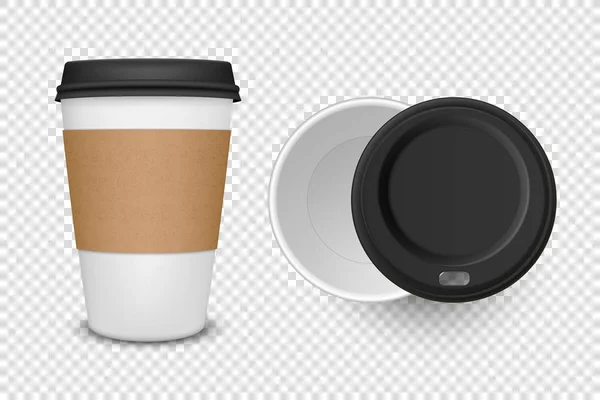 Vector 3d realista desechable papel abierto y cerrado, café de plástico, taza de té para bebidas con tapa de plástico negro icono conjunto primer plano aislado sobre fondo transparente. Plantilla de diseño, burla. Vista superior — Vector de stock