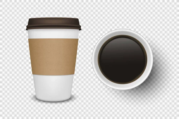 Papel abierto desechable realista del vector 3d, taza de café plástica para el primer plano del sistema del icono de las bebidas aislado en fondo transparente. Plantilla de diseño, burla. Vista superior y frontal — Vector de stock