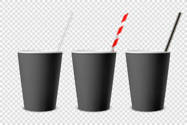 Vector 3d Realistic Black Disposable Opened Blank Paper, Plastic Coffee, Tea Cup for Drinks with Straw Icon Set Closeup Isolated on Transparent Background Дизайн шаблон, Mockup. Верхній і передній вид — стоковий вектор