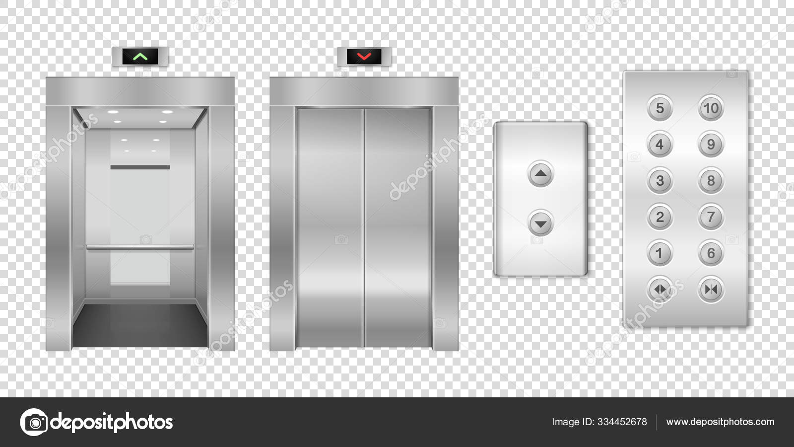 Download Vector 3d Realistic Blank Empty Open And Closed Steel Chrome Silver Metal Office Building Lift Elevator Doors With Buttons Set Closeup Isolated Floor Interior Mockup Business Concept Front View Vector Image