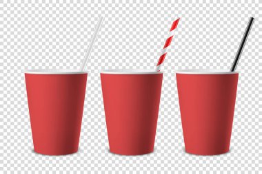 Vektör 3d Gerçekçi Kırmızı Harcanabilir Kağıt, Plastik Kahve, Saman Simgesi Kapalı Çay Fincanı Şeffaf Arkaplanda izole edildi. Tasarım Şablonu, Mockup. Üst ve Ön Görünüm