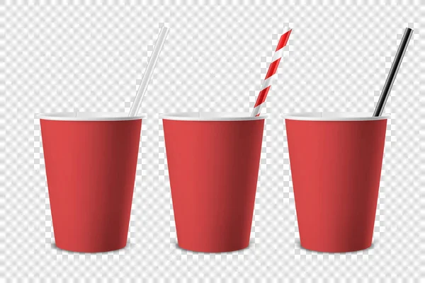 Vector 3d Realistic Red Disposable Opened Blank Paper, Plastic Coffee, Tea Cup for Drinks with Straw Icon Set Closeup Isolated on Transparent Background Дизайн шаблон, Mockup. Верхній і передній вид — стоковий вектор