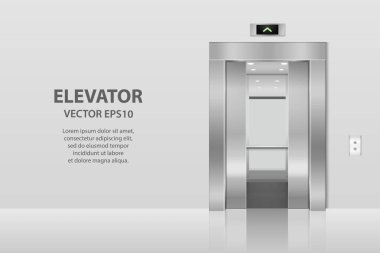 Vektör 3d Boş Boş Boş Açık ve Kapalı Çelik, Krom, Gümüş Metal Ofis Asansör Kapıları ve Gri Duvarda Düğmeler. Döşeme iç modeli. İş kavramı. Ön Görünüm