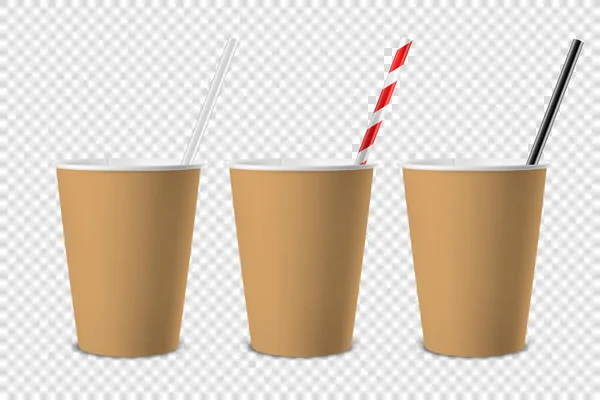 Vector 3d realistico marrone carta bianca aperta usa e getta, caffè in plastica, tazza di tè per bevande con icona di paglia Set Primo piano isolato su sfondo trasparente. Modello di design, Mockup. Vista superiore e anteriore — Vettoriale Stock