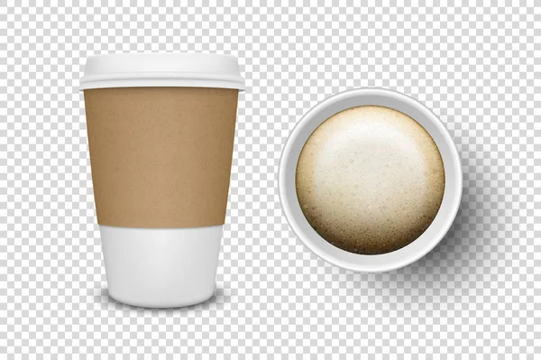 Vektor 3d Realistisk engångs Öppnat papper, plast kaffe Cup för drycker Ikon Set Närbild Isolerad på Transparent bakgrund. Designa mallen, Mockup. Top och Front View — Stock vektor