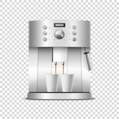Vektör 3d Gerçekçi Modern Metal Krom Çelik Espresso Kahve Makinesi ve iki beyaz kahve fincanı şeffaf arka planda izole edildi. Kahve makinesinin tasarım şablonu, Mockup. Ön Görünüm