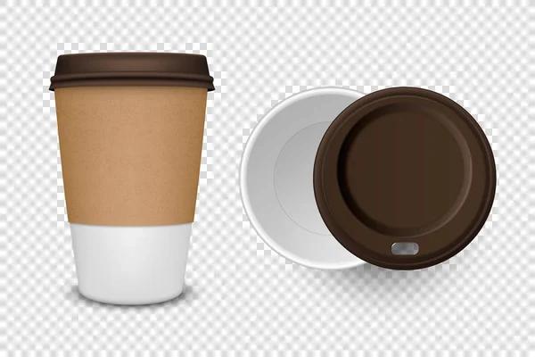 Vector 3d Realistic Disposable Opened Paper, Plastic Coffee Cup for Drinks with Brown Lid Icon Set Closeup Isolated on Transparent Background. Шаблон дизайна, макет. Вид сверху и спереди — стоковый вектор