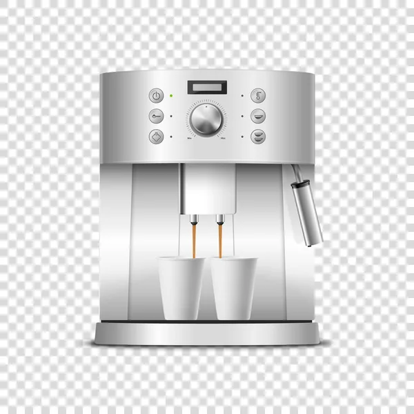 Vector 3d realistico metallo moderno acciaio cromato argento espresso macchina da caffè con due tazze di caffè bianco primo piano isolato su sfondo trasparente. Modello di design della caffettiera, Mockup. Vista frontale — Vettoriale Stock