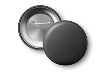 Vector 3d Realistic Black Metal, Plastic Blank Button Badge Icon Set Isolated on White Background. Top View - Front and Back Side. Template for Branding Identity, Logo, Presentations. Mock-up