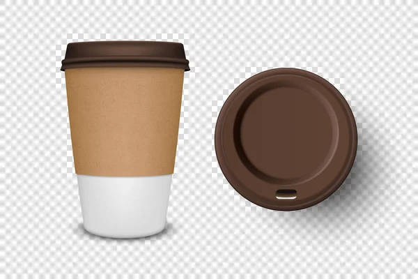 Vektorový 3D realistický jednorázové otevřený papír, plastový šálek kávy na nápoje s hnědým víčkem Ikona Set Closeup Izolované na průhledném pozadí. Šablona designu, Mockup. Pohled shora a zepředu — Stockový vektor