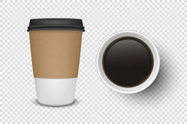 Papel aberto descartável realista do vetor 3d, copo plástico do café para o conjunto de ícones das bebidas Closeup isolado no fundo transparente. Modelo de design, Mockup. Vista superior e frontal — Vetor de Stock