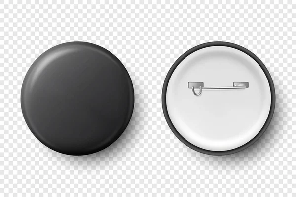 Vector 3d Realistic Black Metal, Plastic Blank Button Badge Icon Set Isolated on Transparent Background. Top View - Front and Back Side. Template for Branding Identity, Logo, Presentations. Mock-up — 스톡 벡터