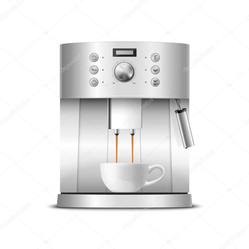 Vector 3d Realistic Modern Metal Chrome Steel Silver Espresso Coffee Machine with White Coffee Mug Closeup Isolated on Transparent Background. Design Template of Coffee Maker, Mockup. Front View