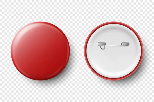 Vektör 3d Gerçekçi Kırmızı Metal, Plastik Boş Düğme Rozet Simgesi Seti Şeffaf Arkaplanda izole edildi. Üst Manzara - Ön ve arka taraf. Marka Kimliği, Logo, Sunumlar için Şablon. Model — Stok Vektör